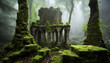 Ancient ruin in dense misty forest, green moss. Dark tones. Foggy woods.