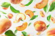 Fall peach slices with green leaves on a white background. 3d rendering
