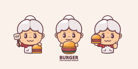 Sticker - cute grandma cartoon mascot with burger