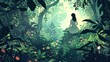 forest woman character surrounded by fantasy flora and fauna. Beautiful fairy tale background illustration. Generative AI