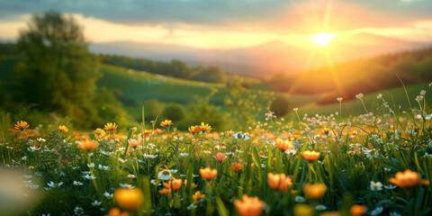 A bright sun shines on the green grass, yellow wildflowers of daisies blooming on blue sky background.A beautiful spring summer meadow..banner