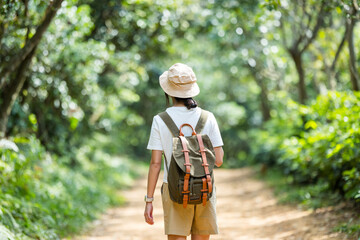 Wall Mural - Young woman walk on the trail in forest