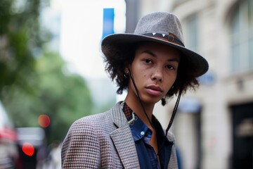 street style portrait of a person in a trendy trilby hat