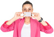 Holding credit card, young rich brunette caucasian woman 20s holding credit card. Wear pink jacket. Cover her face. People lifestyle. Pay, payment, moneyless concept idea. Transparent png image.