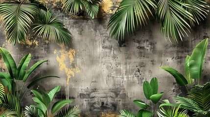 Sticker - Background with abstract artistic brushstrokes. Retro, nostalgic, golden brushstrokes. Textured backdrop. Oil on canvas. Modern art. Floral leaves, green, gray, wallpaper, poster, card, mural,