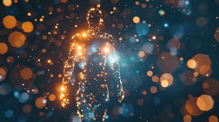 holographic human silhouette, illuminating digital representation of a human body glows amidst a dar