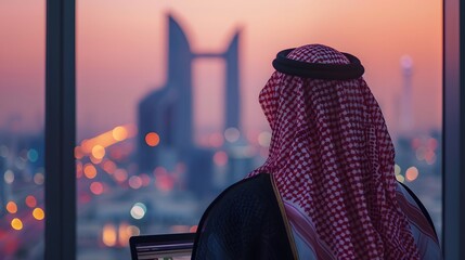 Arab man wearing Saudi bisht, front of laptop, looking at office window looking at city view, blur background.