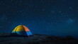 A photo of a brightly colored tent pitched beneath a star-filled summer night sky