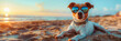 Dog in sunglasses on the beach, happy puppy enjoying the sea breeze, sunny seashore vibes.