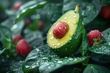 A green avocado with a red seed sits on top of a leafy green bush