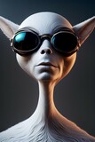 Alien of another planet with sunglasses closeup imaginative, extraterrestrial sci-fi fictional creature, outer space unknown mysterious visitor, extraterrestre alieno fantasy image 