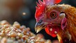 An intricate, extreme close-up captures the essence of a chicken's beak meticulously pecking at scattered grains, vividly portraying the innate feeding ritual of farm poultry.