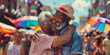 © uniyok - Portrait of mature gay men hugging at LGBT Pride. The backdrop of pride and rainbow flags