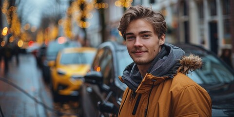 A cheerful, stylish young man poses in a wet autumn street, exuding confidence and happiness.