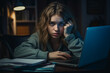 © Tetiana - Young student pupil working with laptop reading book digital e-learning education Generative AI technology photo