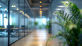 Fototapeta  - A blurred office conference room with large glass windows, blurred modern office meeting room interior