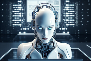 Hard working person in modern interior office programming writing web java script code AI technology generation