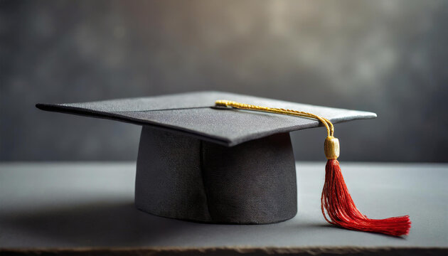 Close-up of a square academic cap on table. Education concept.