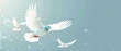 A solitary white dove glides with outspread wings in a misty blue sky, evoking freedom and peace.