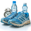 Running shoes, stopwatch, and water bottle isolated on white background, png
