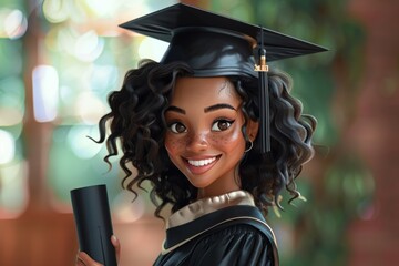 Wall Mural - Charming digital artwork of an African American female graduate with a beaming smile