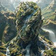 Mountain landscape with a waterfall and trees shaped like a human head.