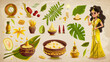set of Vishu a cartoon characters and design elements. A special puja is held during which various products are offered in bronze uruli vessels: rice, linen, cucumbers, betel leaves, betel nuts, speci