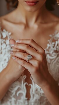 Ring-wielding bride's hands up close. a wedding band