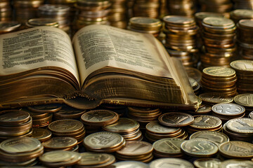 Wall Mural - An open book surrounded by stacks of coins, symbolizing the value of investing in education, invest in knowledge to increase your return on investment