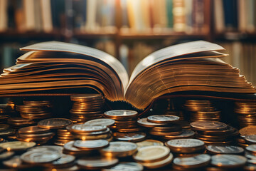 Wall Mural - An open book surrounded by stacks of coins, symbolizing the value of investing in education, invest in knowledge to increase your return on investment