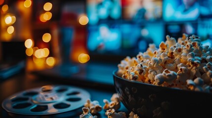 Bowl of popcorn in the foreground with a classic film reel, set against the soft glow of a screen and warm bokeh lights, invoking a nostalgic movie experience.