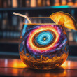 An exotic glow-in-the-dark mixed drink contains a galaxy as it sits on a countertop in a bar