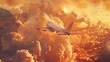 Airborne adventure: majestic passenger plane ascending through dramatic cloudscape