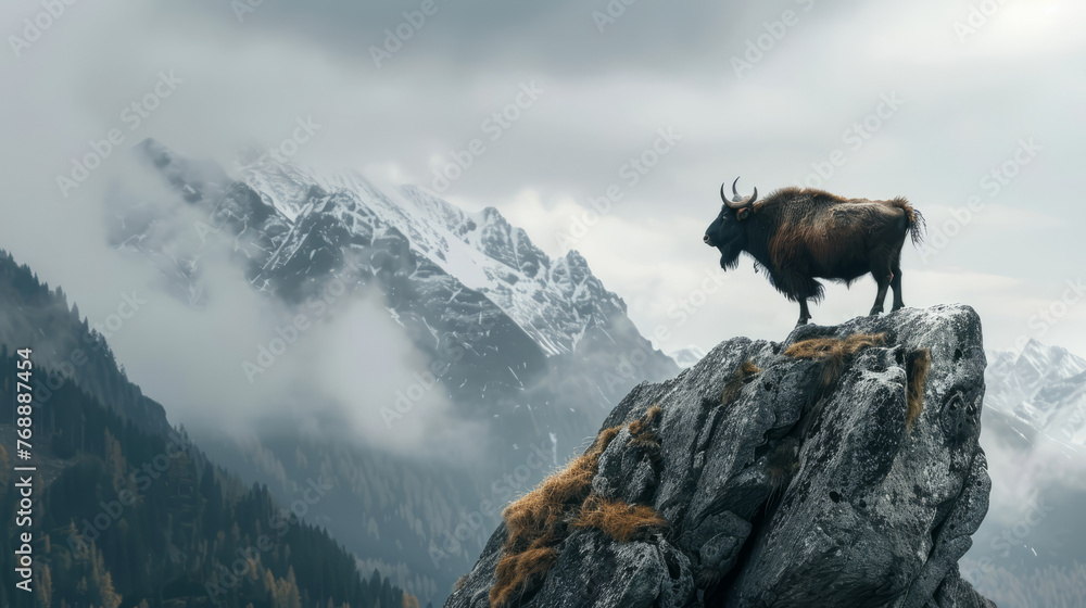 A mountain goat stands on a rocky cliff edge with mist wrapping around ...