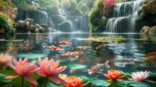 This Vibrant Image Showcases A Lush Koi Pond, Adorned With Blooming Water Lilies And Majestic Waterfalls, Reflecting A Serene Natural Oasis.