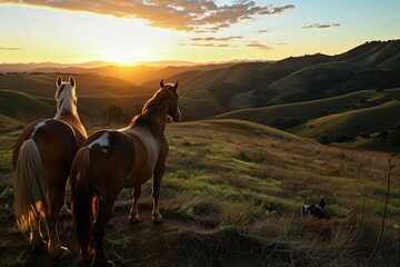 Canvas Print - horses side by side watching the sunrise over hills