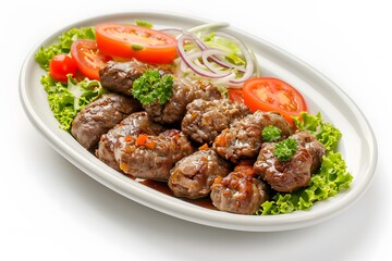 Canvas Print - Close-Up of Skewered Kebabs with Vegetable Filling on White Tray, Isolated White Background
