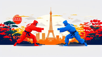 Two men in karate uniforms are fighting in front of the Eiffel Tower. The image has a mood of competition and determination