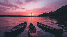 Three Canoes Are Floating On A Lake At Sunset. The Sky Is Pink And The Water Is Calm
