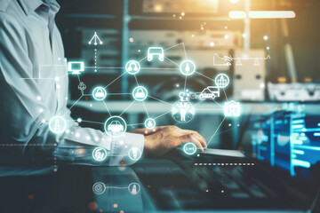 Industry engineer in factory using smart tablet device to control networking for auto industry. Smart industry 4.0 technology concept