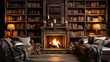A cozy library with a fireplace