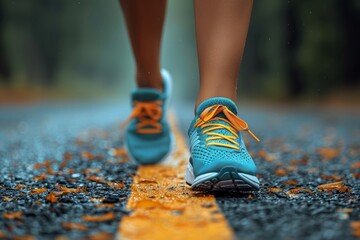 Wall Mural - An athletic woman jogging outdoors in summer, wearing sneakers, promoting fitness and a healthy lifestyle.