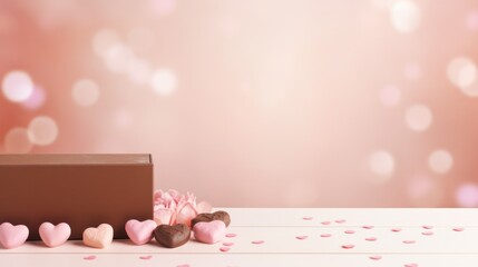 Wall Mural - valentines day background with chocolate gift box and pink hearts.