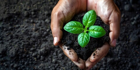 Poster - Hands Tenderly Holding a Pot with a Young Flourishing Plant Nurturing New Life and Environmental Renewal