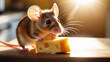 A cheerful little mouse eats a large piece of yellow cheese with holes. In the backdrop of a spacious bright kitchen, beautiful sunlight.