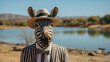 A zebra wearing a hat and a suit is standing in front of a lake. The image has a playful and whimsical mood, as the zebra is dressed up in a suit and hat, which is not a common sight