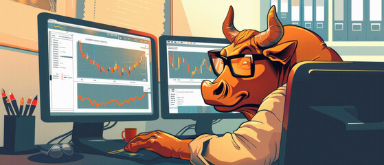 Wall Mural - Bull stock trading investor trader analyzing finance charts as concept of stock exchange market rise, investment profit growth, growing economy, financial prosperity, success. Bullish stock market.