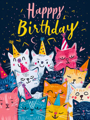 Wall Mural - A group of cats wearing party hats and smiling, with the words 