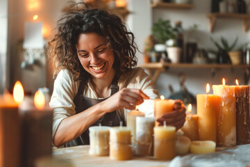 beautiful woman crafting and arranging handmade candles with joy