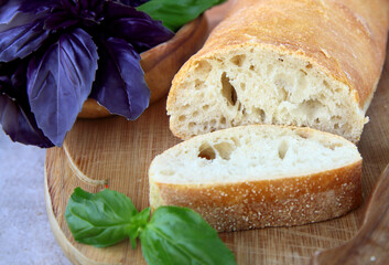 Poster - traditional Italian ciabatta bread with fresh basil